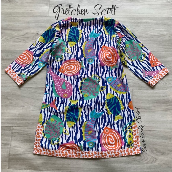 Gretchen Scott Spring Summer Colorful Fish Print Tunic Dress Size 10 / 12 - Picture 3 of 11